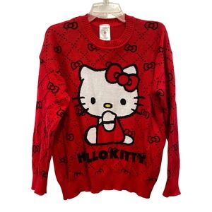 Sanrio Hello Kitty Red Knit Sweater Bow Diamond‎ Pattern Womens Medium Authentic